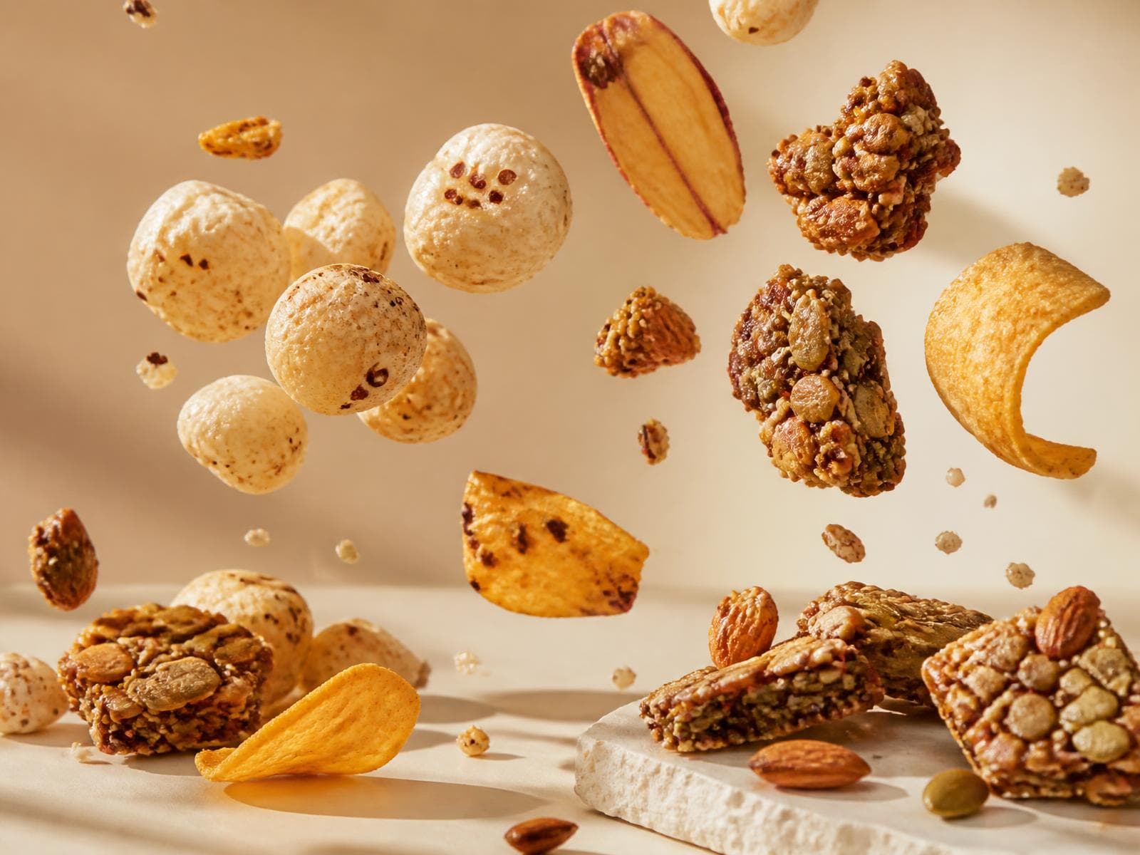 Assortment of Lavansnacks roasted makhana, millet crisps and nut clusters mid-air