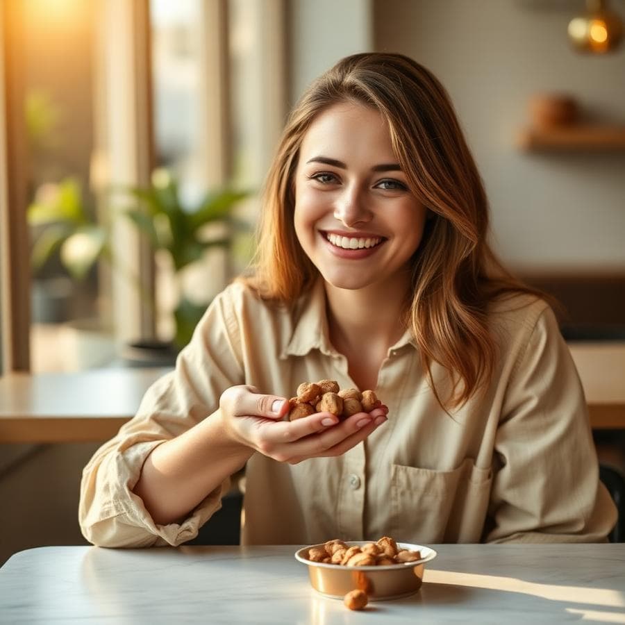 Customer enjoying a handful of roasted nut snacks at a café